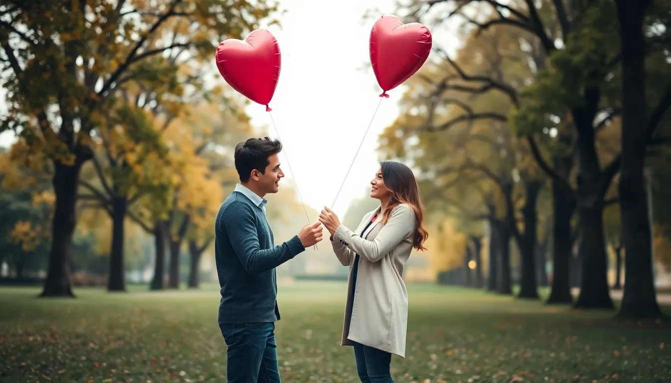 Couple Exchanging Heart-Shaped Balloons in the Park