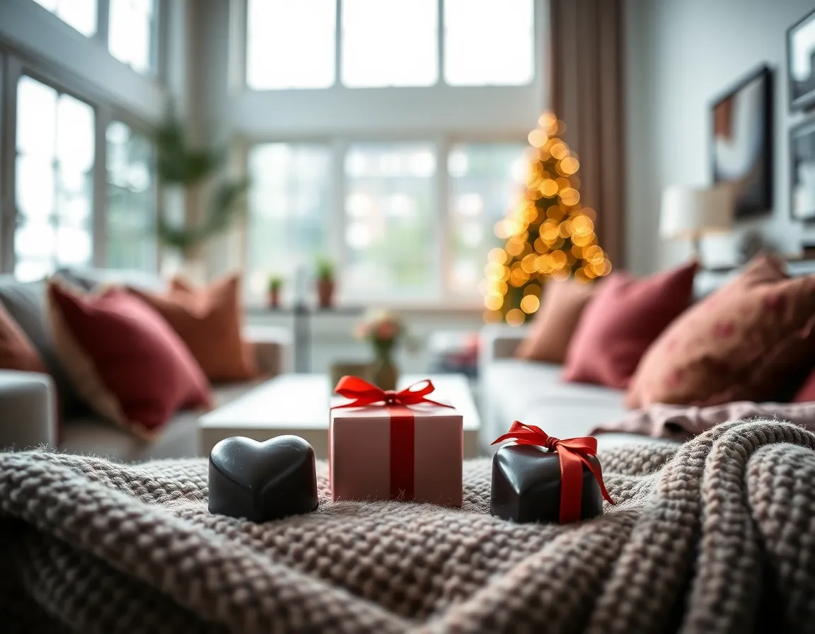 Heart-Shaped Chocolates for Valentine's Day In a cozy living room setting, heart-shaped chocolates are beautifully arranged with a focus on their rich cocoa tones, enhanced by soft bokeh from the background. The overcast daylight filters gently through windows, creating a serene atmosphere. Plush cushions and blankets add warmth and texture, making it an ideal scene for Valentine's Day indulgence. The composition with leading lines guides viewers toward the tempting treats while evoking a sense of romantic comfort.