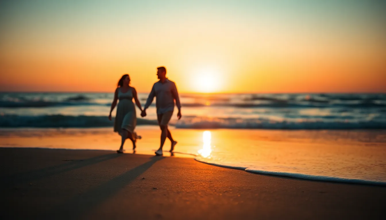 This romantic image captures two couples walking hand-in-hand on a serene beach during sunset. The warm glow of the golden hour casts beautiful light on their silhouettes, while the ocean waves reflect the stunning colors of the sky. The selective focus emphasizes their joyful connection, creating a peaceful yet vibrant scene filled with love and camaraderie, perfect for capturing the spirit of Valentine's Day.