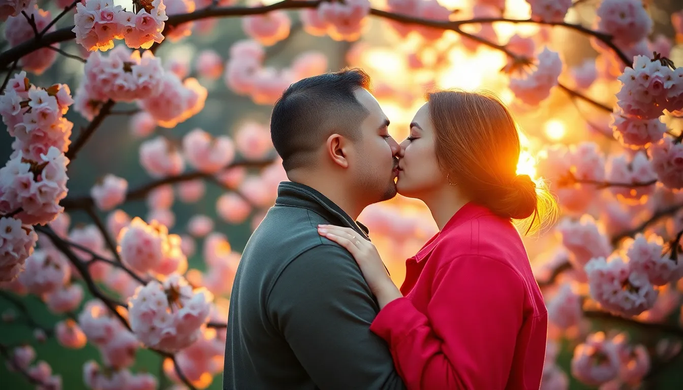 A romantic scene capturing a couple kissing under blooming cherry blossoms during golden hour. The warm backlighting creates a soft, dreamy atmosphere, highlighting the love and connection between them. Their outfits pop against the delicate pink and white blossoms, framed beautifully to evoke a sense of intimacy and joy.