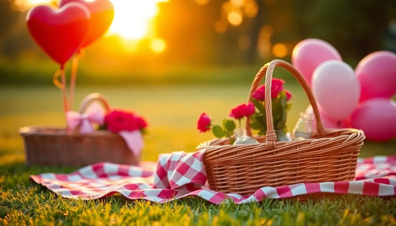 A beautifully arranged picnic scene set for Valentine's Day, showcasing a checkered blanket adorned with an array of gourmet treats and rose petals. Warm golden hour light bathes the scene, enhancing the romantic ambiance. Heart-shaped balloons float above, adding a whimsical touch with their vibrant colors. The depth of field creates a dreamy background, drawing attention to the carefully curated details of the picnic.