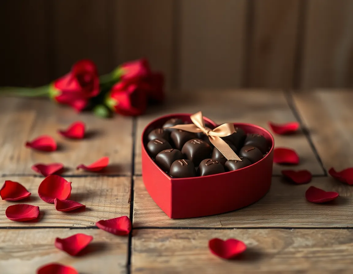 This image features a heart-shaped box of chocolates artfully arranged on a rustic wooden table, surrounded by scattered red rose petals. The soft, diffused daylight provides even lighting, allowing every delicious detail of the chocolates to shine. The serene color palette creates a romantic atmosphere, making it perfect for Valentine's Day and gifting themes. The composition invites viewers to indulge in the sweetness of love.