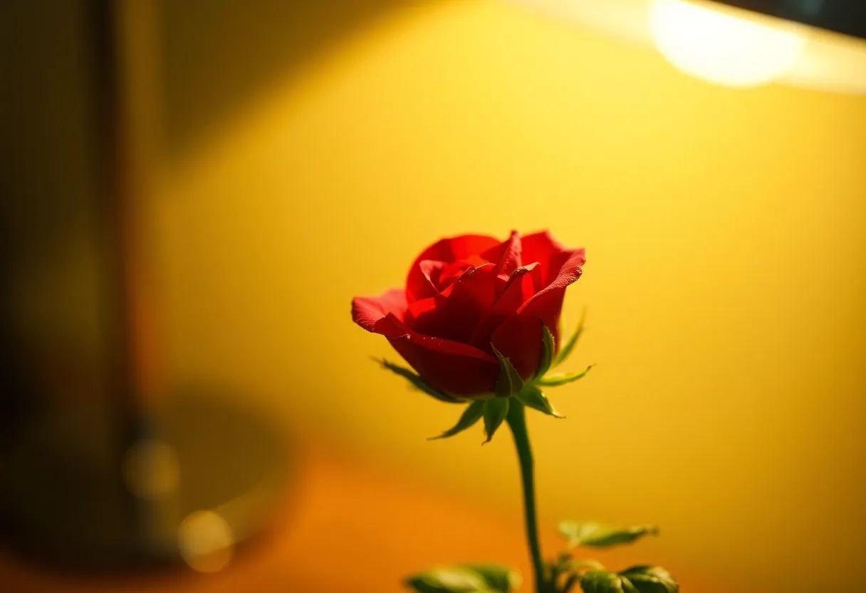 A stunning close-up of a single red rose, captured under warm tungsten light. The intricate detail of the petals is enhanced by dew droplets that glisten in the soft light, creating a luxurious feel. The vibrant colors and painterly bokeh background evoke strong emotions associated with love and affection on Valentine's Day. This artistic composition draws the viewer's eye directly to the beauty of the flower.