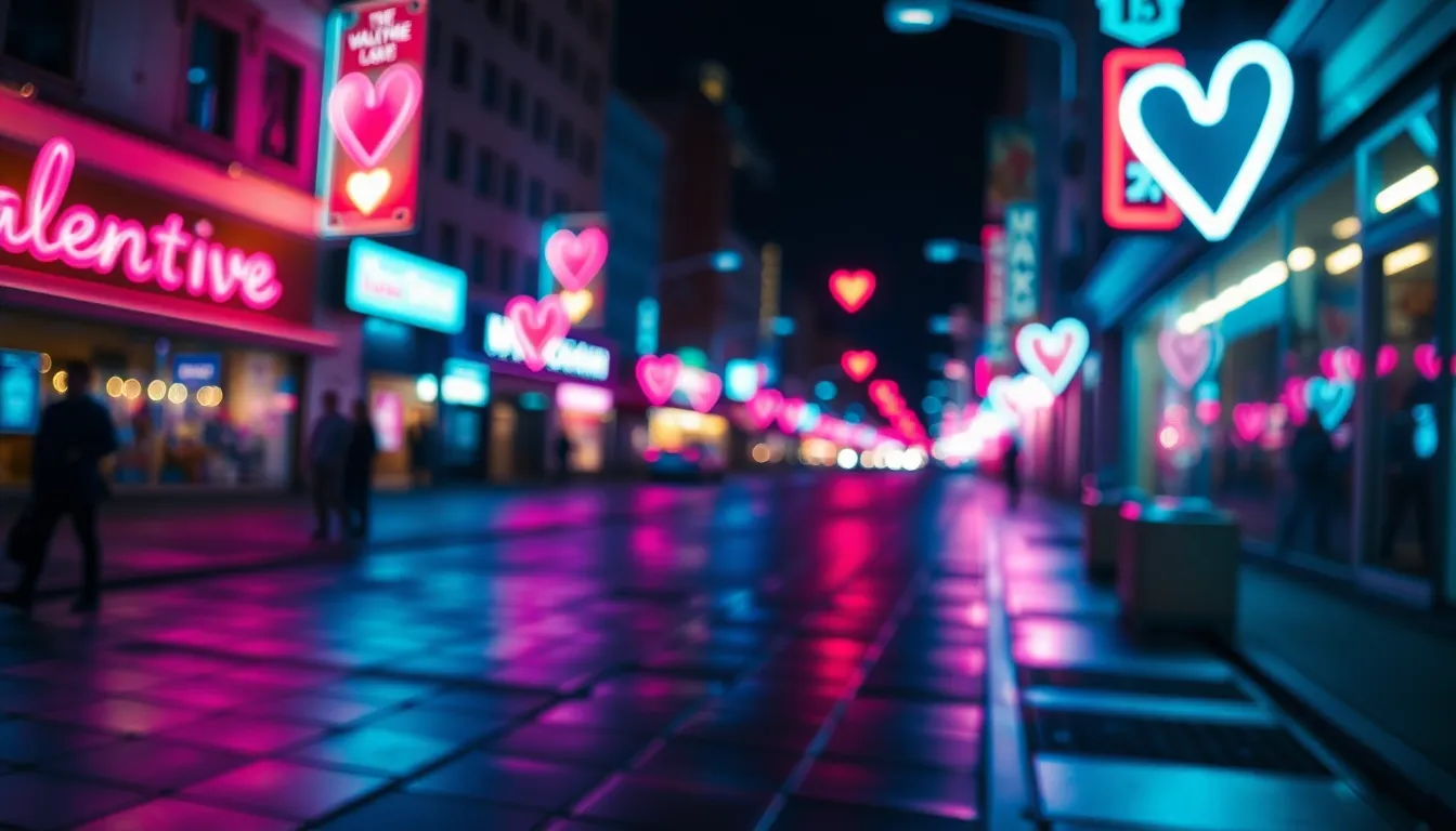This striking image features neon heart signage glowing against a wet urban pavement, creating a vibrant and lively atmosphere. The reflections in the wet surface enhance the colors, with deep blues and rich pinks dominating the scene. The shallow depth of field focuses on the vibrant neon lights, inviting viewers into the energetic mood of Valentine's Day in the city. An excellent representation of modern love and celebration.