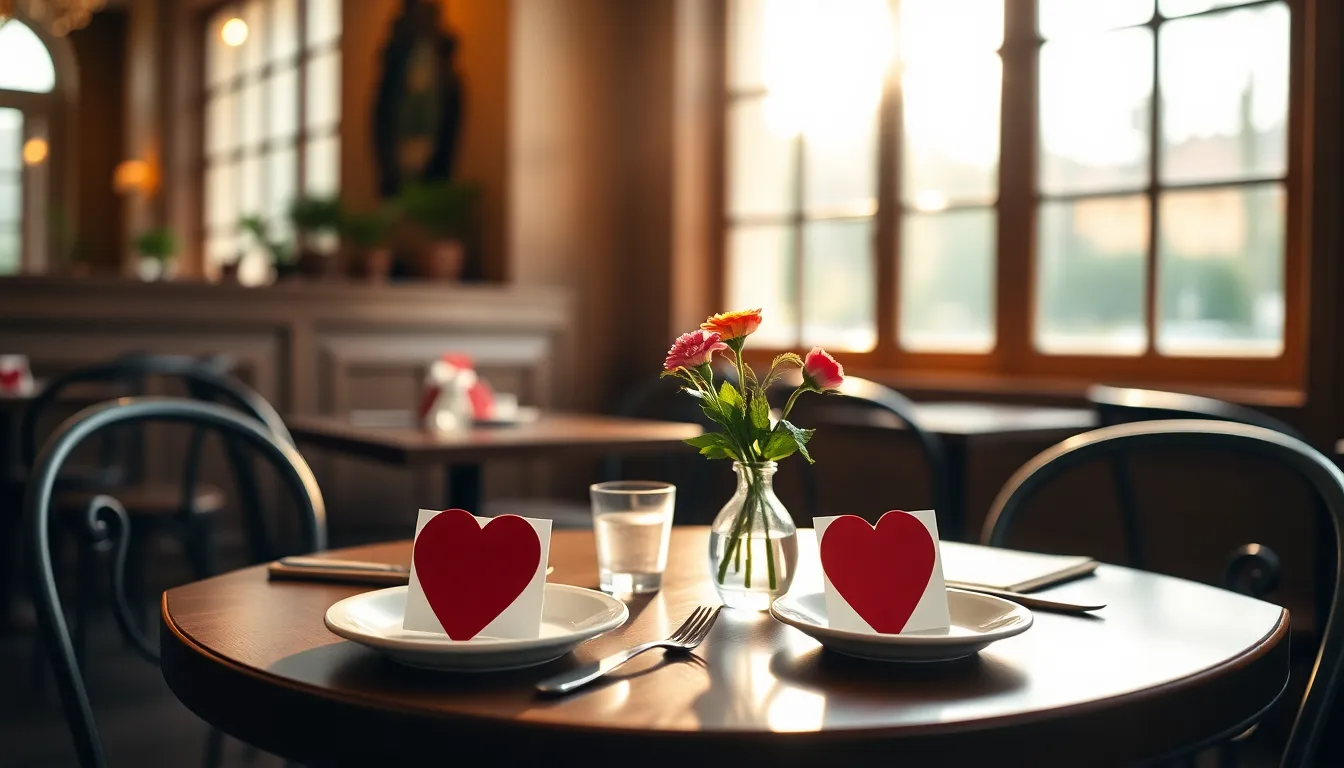 A cozy café scene set for two, capturing a charming table adorned with heart-shaped place cards and a delicate vase of fresh flowers. Soft morning light floods in through large windows, enhancing the warmth of the setting. The inviting atmosphere is accentuated by the elegant rustic décor, while the shallow depth of field draws focus to the intimate details. This image perfectly encapsulates the romance of Valentine's Day dining.