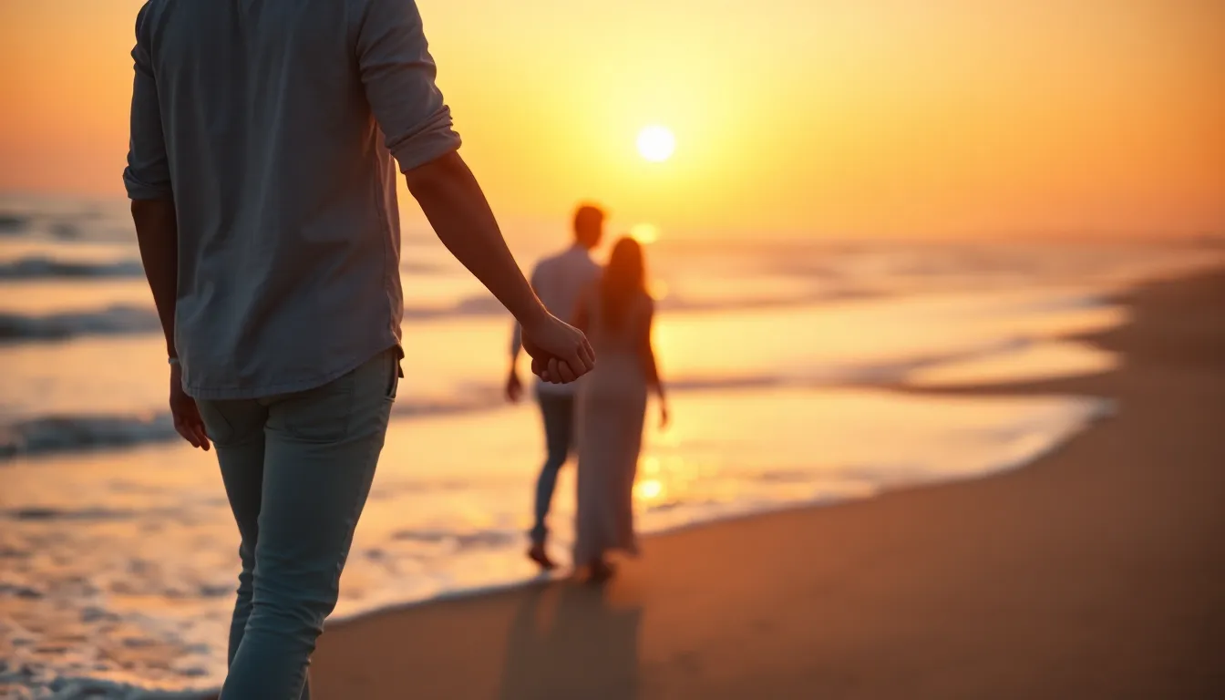 Couple Holding Hands at Sunset Beach This romantic image depicts a couple holding hands as they stroll along a sunset beach. The warm golden light of the setting sun creates a serene and intimate atmosphere, perfectly suited for Valentine's Day. The soft waves gently lap against the shore, fading into creamy bokeh, while the couple remains sharp in focus. With warm oranges blending into soft blues, this composition captures a timeless moment of love and connection.