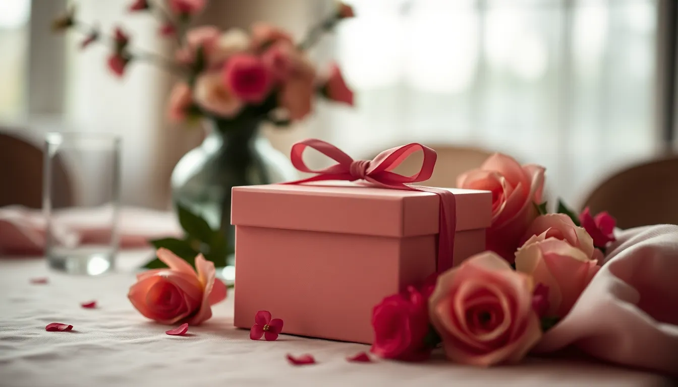 An elegant Valentine's Day gift box sits stylishly on a table, illuminated by soft, overcast daylight that diffuses beautifully around it. With natural muted tones, the image creates a sophisticated feel, enhanced by a shallow depth of field that blurs the surrounding romantic elements such as flowers and soft fabric. The thoughtful arrangement captures the essence of love and gifting, making it perfect for Valentine's Day.