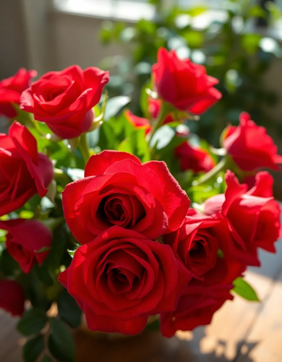 A stunning bouquet of vibrant red roses captures the essence of love on Valentine's Day. The image is illuminated by natural daylight, accentuating the rich color and texture of the petals, enhanced by droplets of morning dew. The composition is well-balanced with a wooden table providing a rustic touch, making the roses the focal point, while the softly blurred background adds depth to the scene.