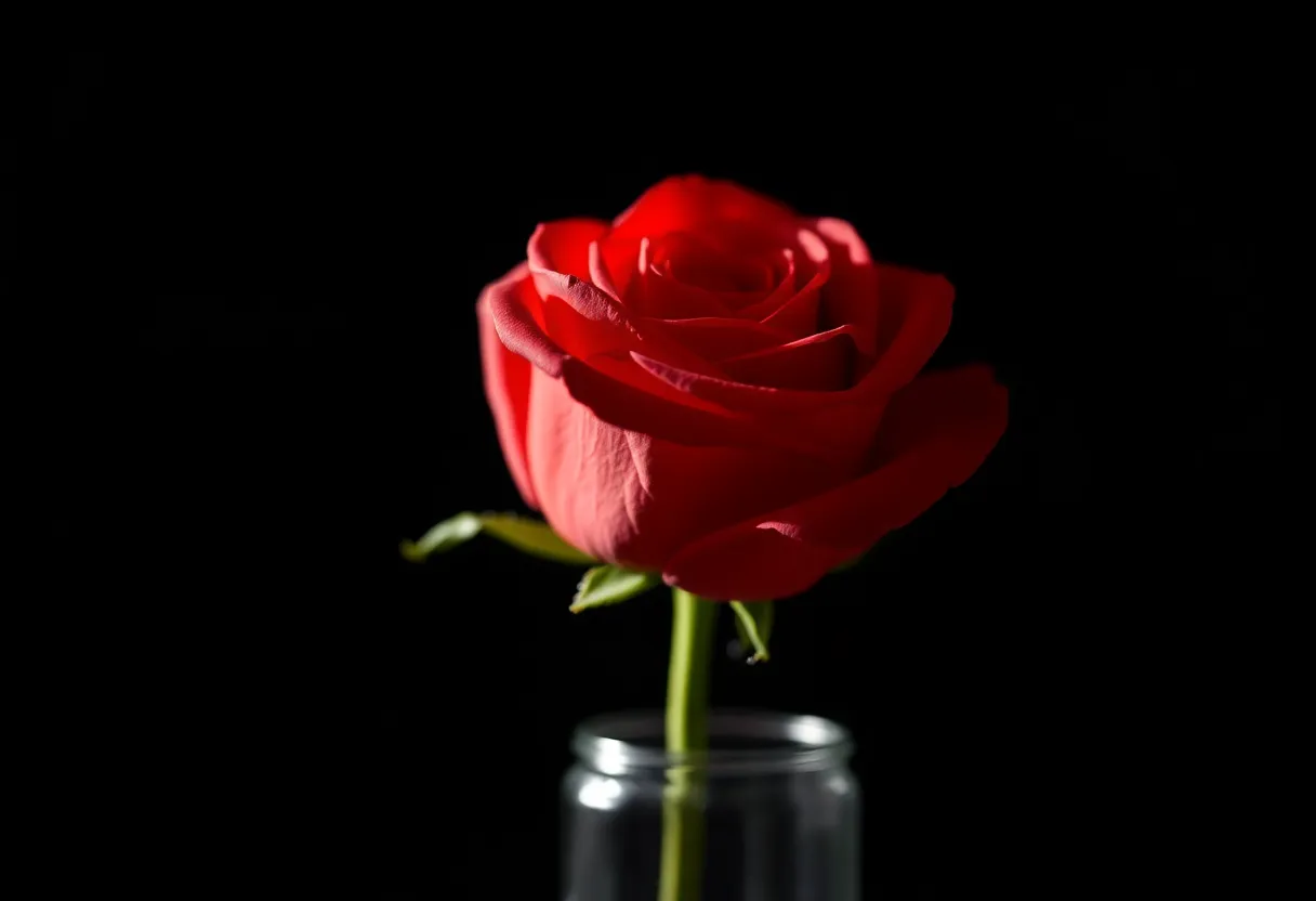 This elegant photograph features a single red rose set against a dark background, dramatically lit by Rembrandt lighting. The striking contrast between the vibrant redness of the rose and the deep blacks creates a classic romantic feel, perfect for Valentine's Day. Water droplets on the petals add a touch of freshness, making the rose appear alive and vibrant. The shallow depth of field enhances the beauty of the flower, inviting viewers to appreciate its delicate textures.