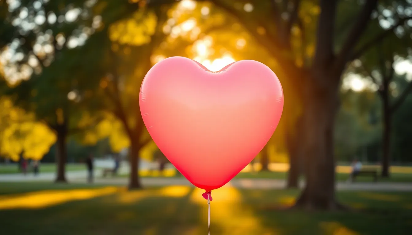 Heart-Shaped Balloon in Warm Light This enchanting image showcases a heart-shaped balloon illuminated by the gentle light of golden hour. Set in a blurred park background, the soft pastels of pink and red create a romantic feel, making it perfect for Valentine's Day. The off-center balloon, enhanced by dappled sunlight through trees, evokes a sense of joy and whimsy. The dreamy background, combined with shallow depth, adds to the overall magic of the moment.