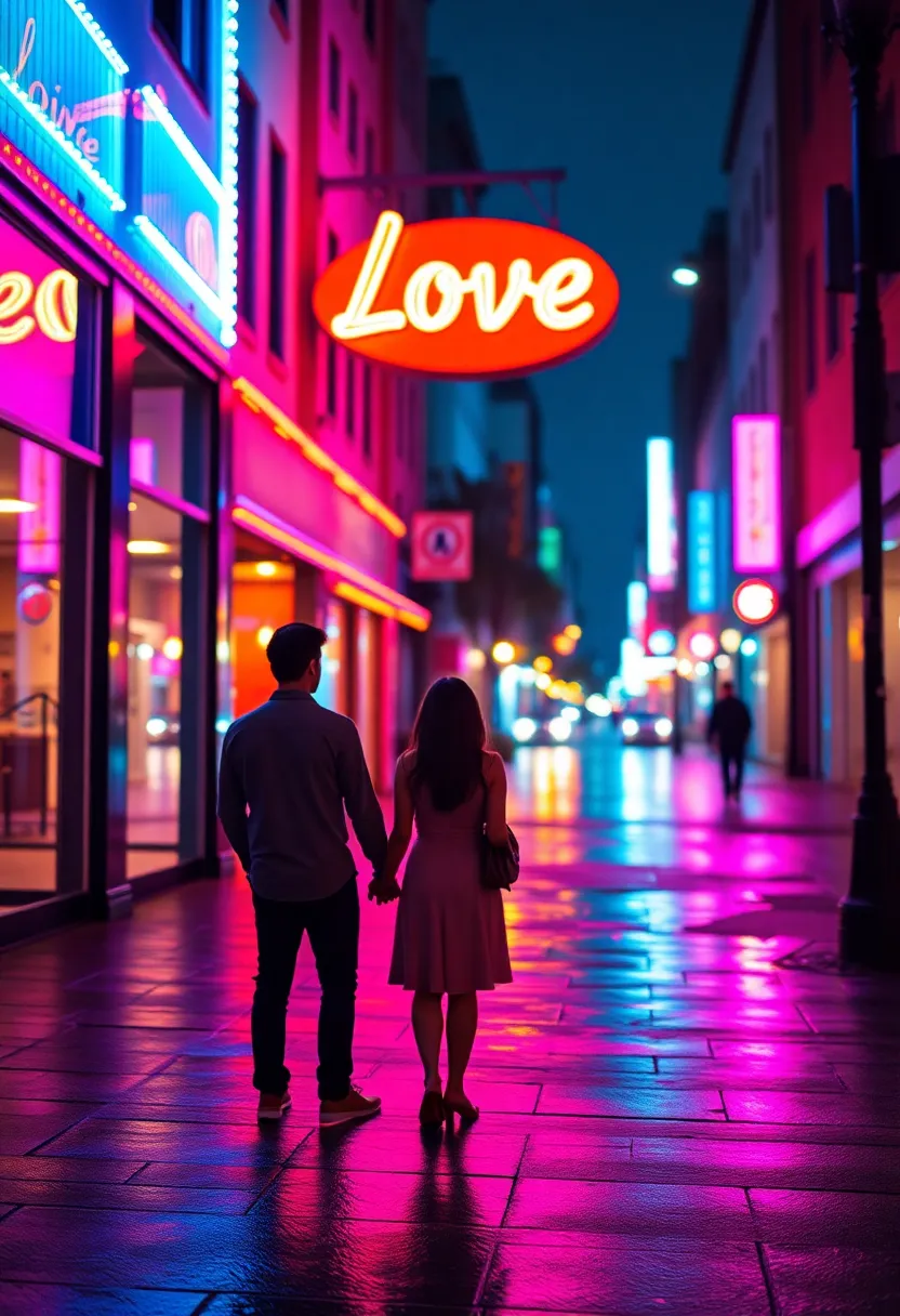 A dynamic evening scene featuring a couple holding hands under a radiant 'Love' neon sign. The reflections on the wet pavement and the colorful lighting create a romantic urban atmosphere. The composition, with shallow depth of field, highlights the couple against the vibrant backdrop, capturing the spirit of Valentine's Day.