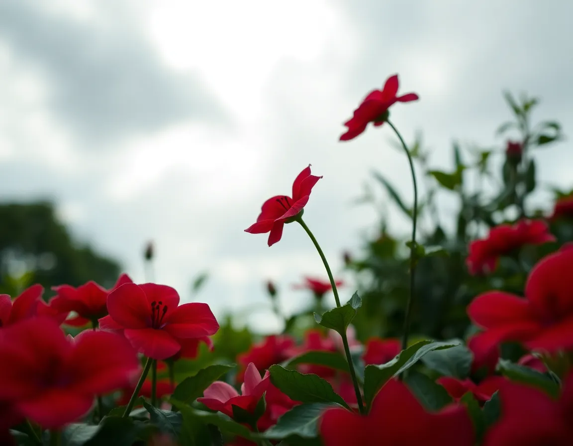 A vibrant heart-shaped floral arrangement filled with lush red roses and delicate pink blooms, set against a blurred garden backdrop. The soft diffused light enhances the vivid colors and textures of the flowers, bringing an emotional warmth to the scene. The composition draws attention to the thickness of the petals and the intricate green leaves, symbolizing love and passion. This beautiful arrangement is perfect for celebrating Valentine's Day.