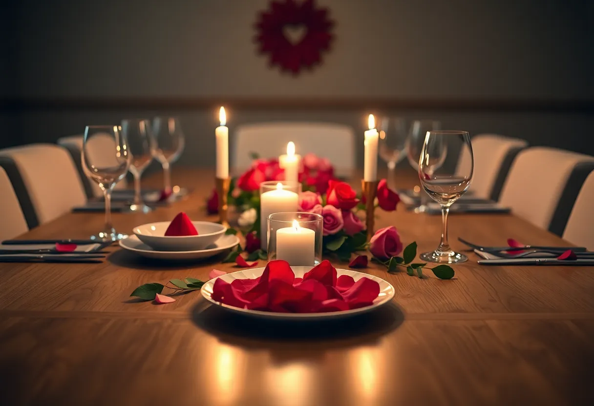 Elegant Valentine's Day Dinner Table An elegantly set Valentine's Day dinner table takes center stage, meticulously arranged with candles and rose petals on a polished wooden surface. The warm lighting accentuates the thoughtful details, creating an inviting and romantic atmosphere for the celebration. The image showcases a harmonious symmetry, inviting viewers to imagine a delightful evening filled with love and connection.