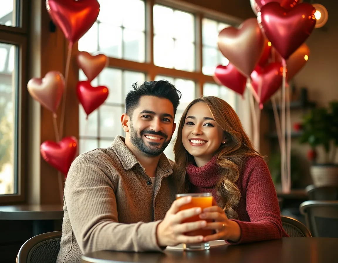 A joyful couple shares a special moment in a beautifully decorated cafe for Valentine's Day. Heart-shaped balloons and warm lighting create an inviting and intimate setting, while soft daylight enhances their warm smiles. The composition emphasizes their connection, with blurred surroundings drawing focus to their expressions. Soft pinks and browns dominate the scene, capturing the essence of love and happiness.