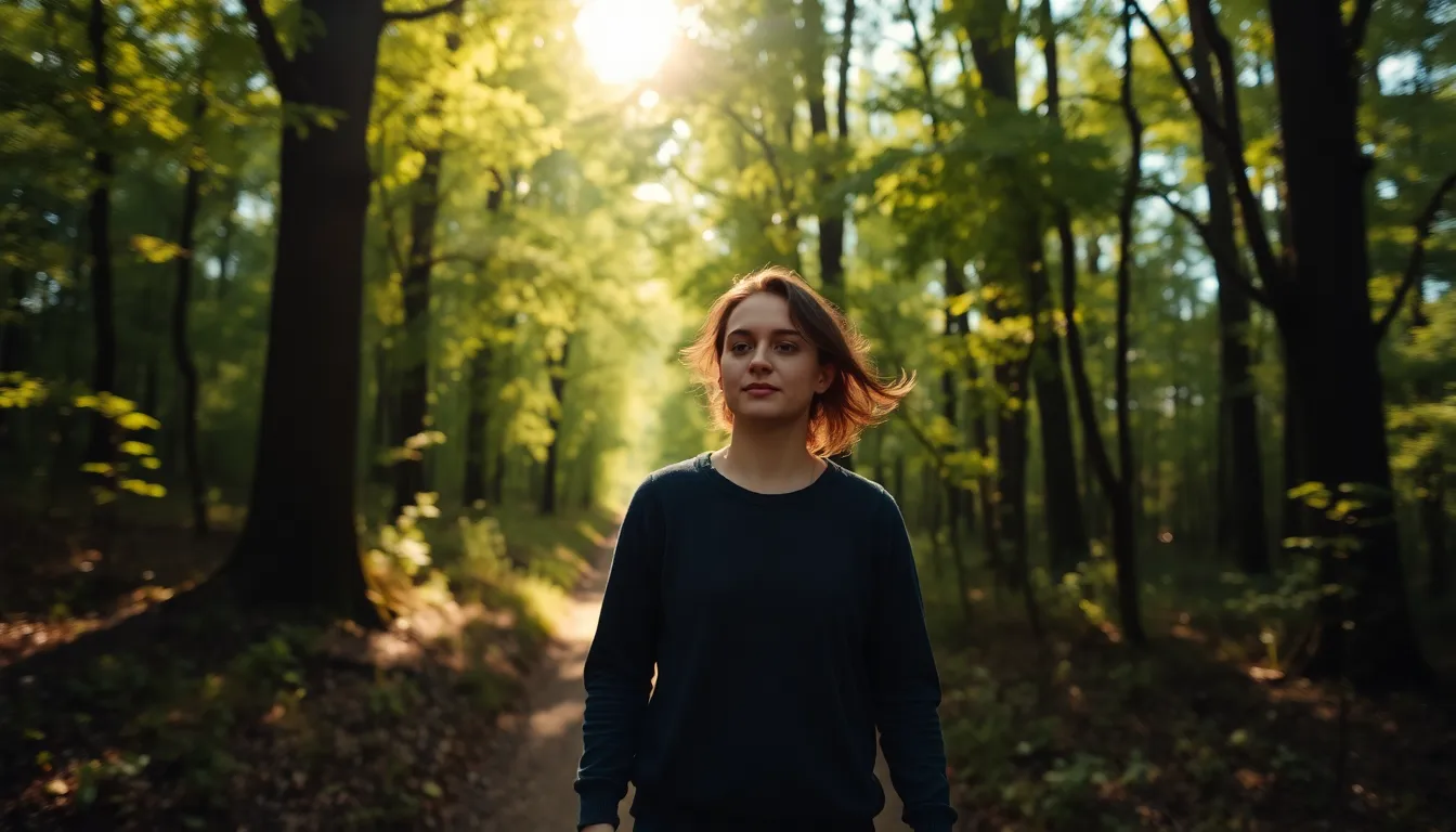 Vlogger Enjoying Nature on a Forest Path