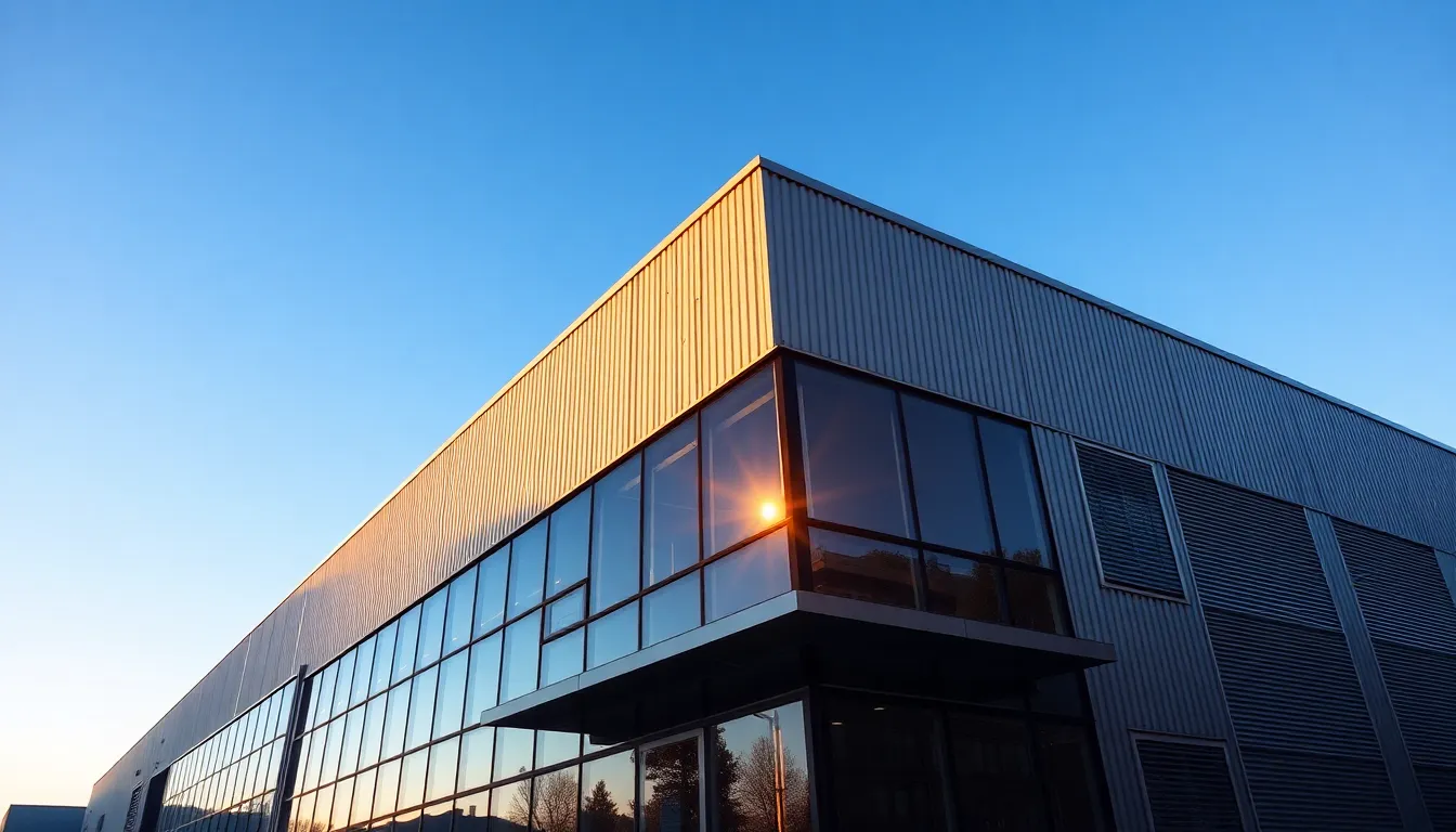 This stunning image showcases a modern warehouse exterior, characterized by expansive glass windows and sleek steel panels reflecting the clear blue sky. Captured during golden hour, the warm rim light beautifully illuminates the structure, emphasizing its contemporary design. The composition utilizes the rule of thirds to create visual balance, with a slight tilt adding dynamic appeal. The color palette harmonizes cool blues with warm metallic grays, evoking a sense of modern industrial sophistication.