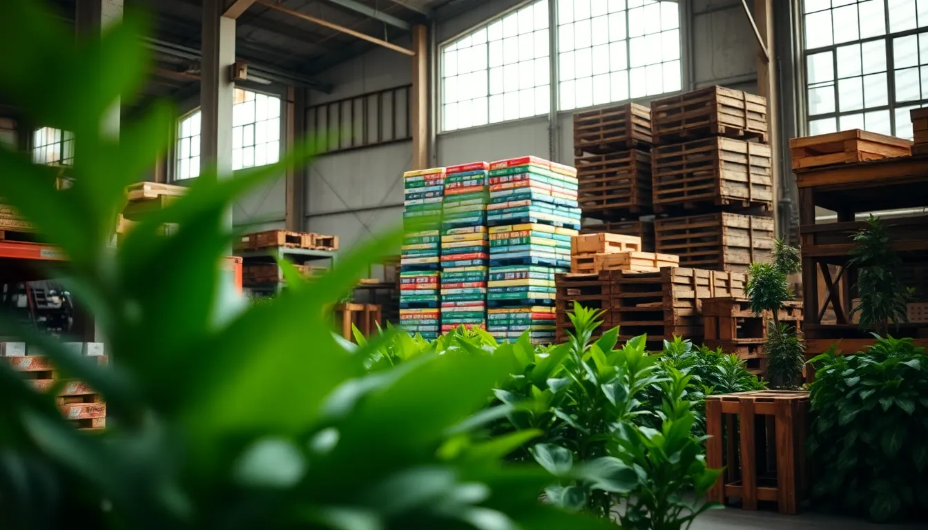 This image showcases a bright warehouse aisle filled with colorful goods surrounded by soft greenery. Natural light filters through large windows, illuminating rustic textures of metal and wood. The composition employs leading lines that guide the eye toward the focal point, creating a sense of depth and vitality. The overcast conditions lend a gentle, diffused glow to the scene, making it inviting and warm.