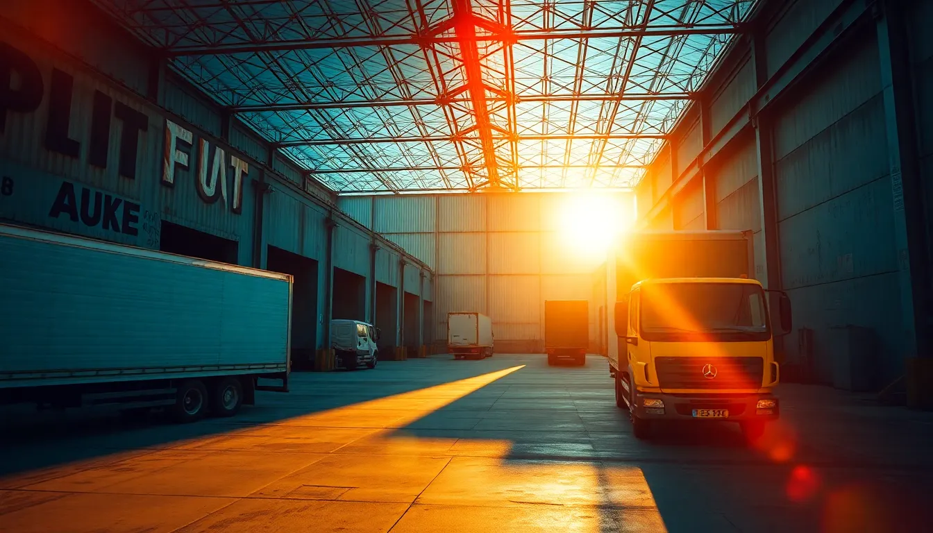 An industrial scene of loading docks bathed in the warm glow of golden hour. Trucks are parked under soft rim lighting that highlights their contours against the weathered concrete. The dramatic interplay of teal and orange hues creates a cinematic atmosphere, while the diagonal composition draws the eye across the expanse of the docks. This moment captures the essence of end-of-day operations within a bustling warehouse environment.