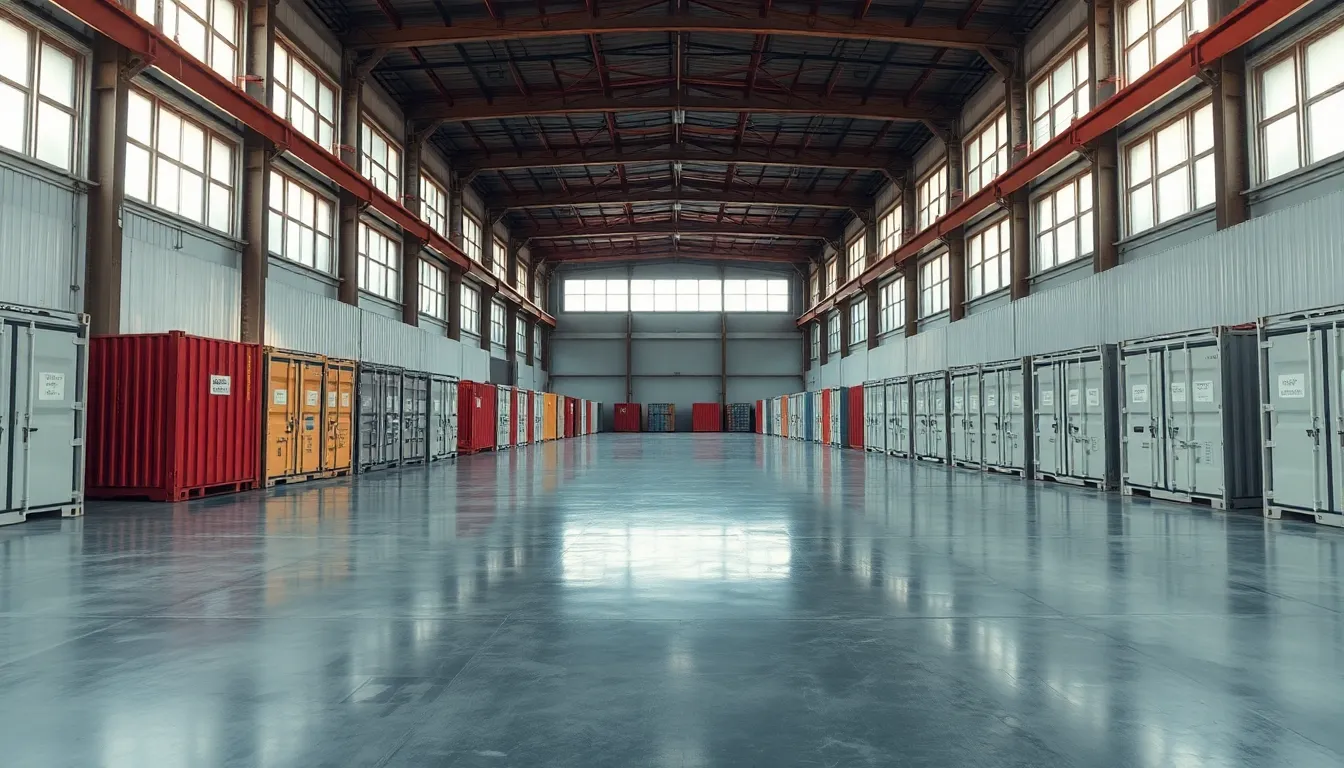 An expansive view of a spacious warehouse interior, highlighting rows of storage containers under soft natural light. Overcast conditions outside create a diffused glow that enhances colors within, emphasizing the clean lines of the aisles. The sharp focus reveals reflective surfaces on the polished floor, creating a sense of depth and space. This serene setting invites exploration and captures the essence of modern industrial design.