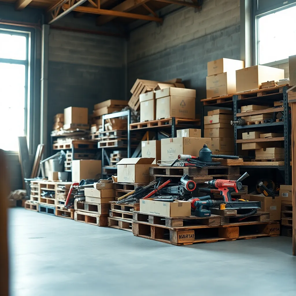 This image features a meticulous arrangement of various warehouse storage items, including tools and boxes, presented on rough wooden pallets. Soft, diffused daylight from a nearby window enriches the textures and details of the items. The shallow depth of field draws attention to specific objects while blurring the surrounding items into a creamy bokeh. Earth tones dominate the color palette, with subtle pops of color from the tools, creating an aesthetically pleasing and harmonious composition.