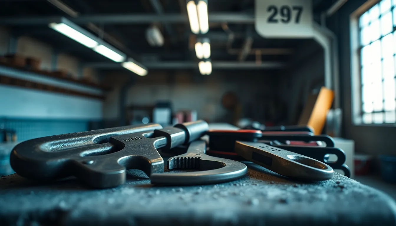 This image features an intricate close-up shot of industrial tools on a concrete workbench. The mix of fluorescent and natural daylight lighting creates a dynamic high-contrast effect. The shallow depth of field effectively highlights the wear and textures of the tools, emphasizing their industrial character. A cool grey and metallic color palette contributes to the mood of a working environment, while the rule of thirds composition draws attention to the tools themselves.
