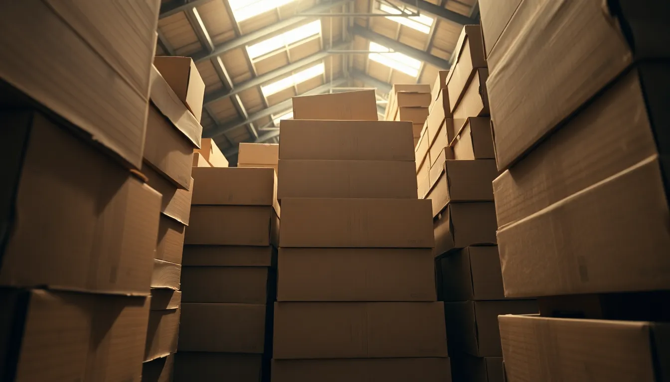 This image captures a close-up of meticulously stacked cardboard boxes in a busy warehouse. Natural skylight illuminates the scene, creating a charming interplay of highlights and shadows on the surfaces. The centered, symmetrical composition draws attention to the structure and order of the arrangement, while warm earthy tones emphasize the organic textures and the atmosphere of productivity. Dust particles dance in the light, adding a sense of vibrancy to the environment.