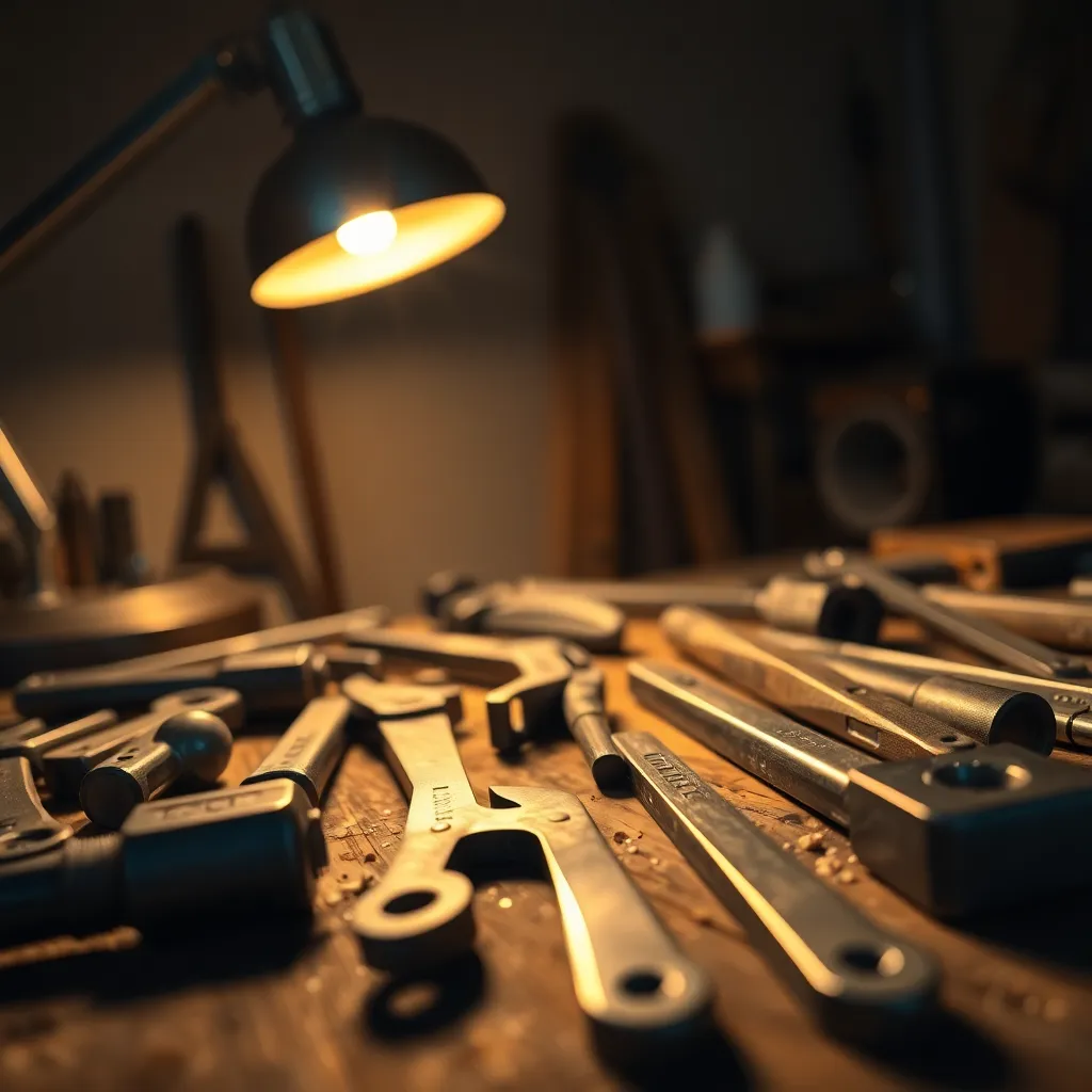 Rustic Workbench with Tools in Warehouse