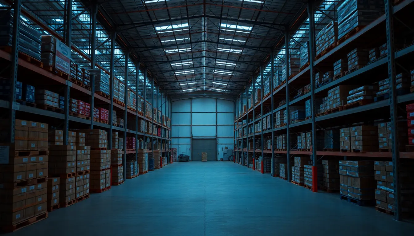 This image portrays an empty warehouse at dusk, where the fading daylight casts a soft blue hue throughout. The sharp focus across the scene encapsulates the structured arrangement of pallets and shelves. A cinematic teal and orange color grading enhances the ambiance, creating a dramatic contrast. The composition follows the rule of thirds, emphasizing the inviting emptiness of the central workspace, invoking a sense of solitude and reflection.