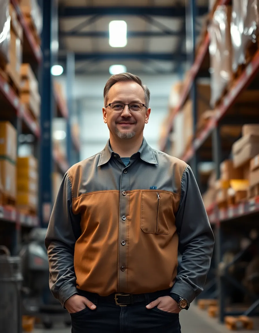 A confident warehouse manager stands amidst organized machinery, exuding authority and approachability. Studio lighting highlights their features, while warm tones and soft depth enhance the atmosphere. The background softly blurs, drawing attention to the subject while hinting at the industrial environment around them. This composition encapsulates the blend of human involvement and technology in a modern warehouse setting.