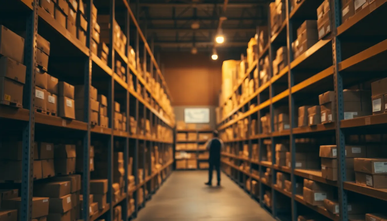 A focused warehouse worker organizes boxes on shelves in a large industrial space. Warm tungsten lights create an inviting atmosphere, revealing the worn textures of wooden shelves and concrete flooring. Soft shadows stretch across the scene, enhancing the depth. The muted color tones evoke a sense of calm productivity, showcasing the diligent effort within the bustling warehouse environment.