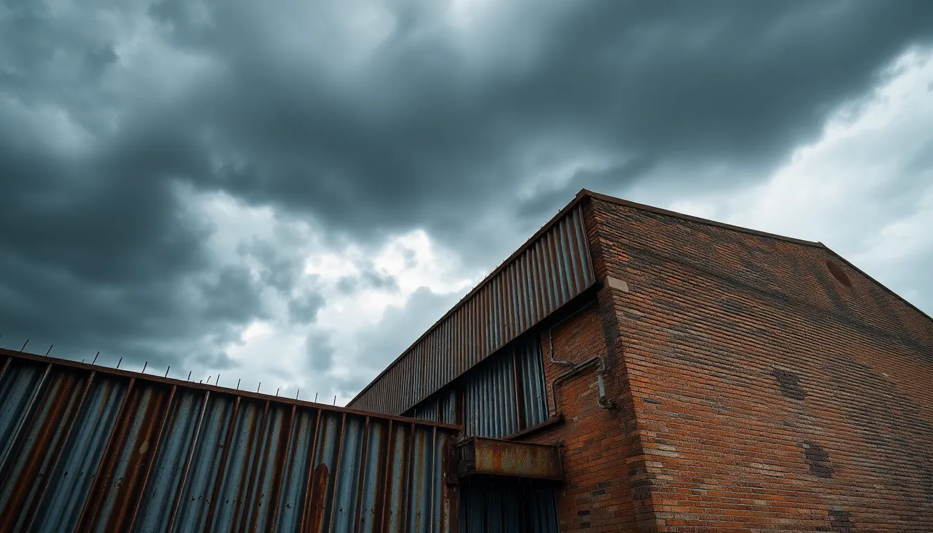 Rusting Metal Warehouse Under Stormy Skies