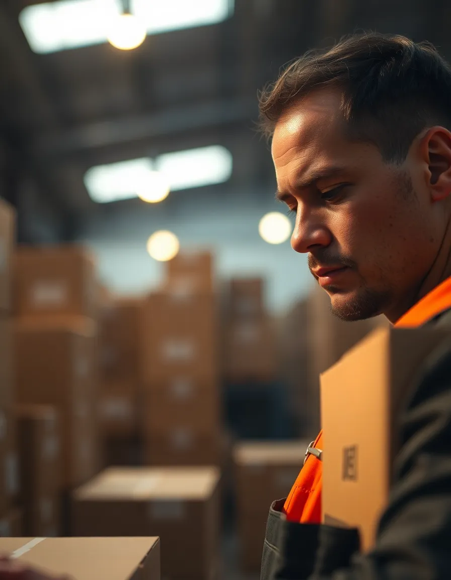 This image captures the focused expression of a warehouse worker inspecting a shipment of boxes, framed in the bustling environment of an industrial space. Warm tungsten lighting casts soft pools of light, enhancing the natural textures of the worker's skin and the cardboard boxes. The shallow depth of field isolates the worker from the blurry background, creating an intimate yet professional atmosphere. Rich brown tones dominate the color palette, reinforcing the industrious mood.