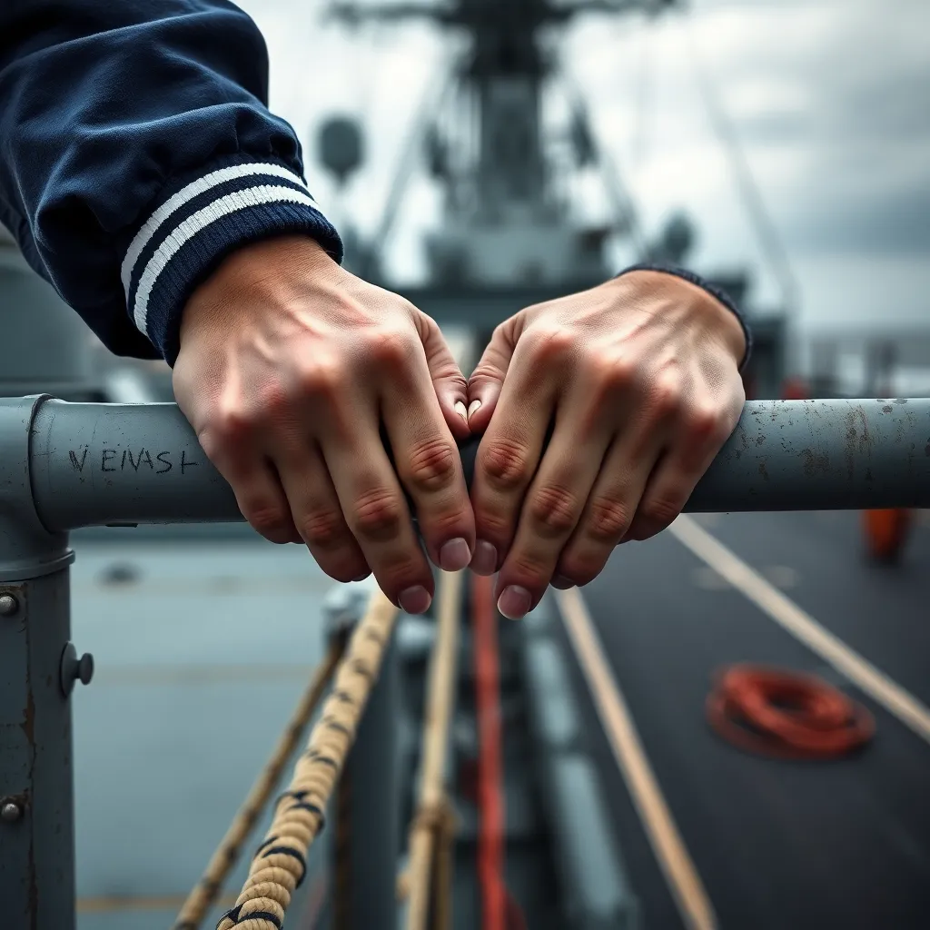 Sailor's Hands on Battleship Deck