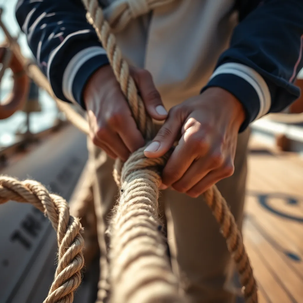 Sailor Tying Knots On Ship Close-Up
