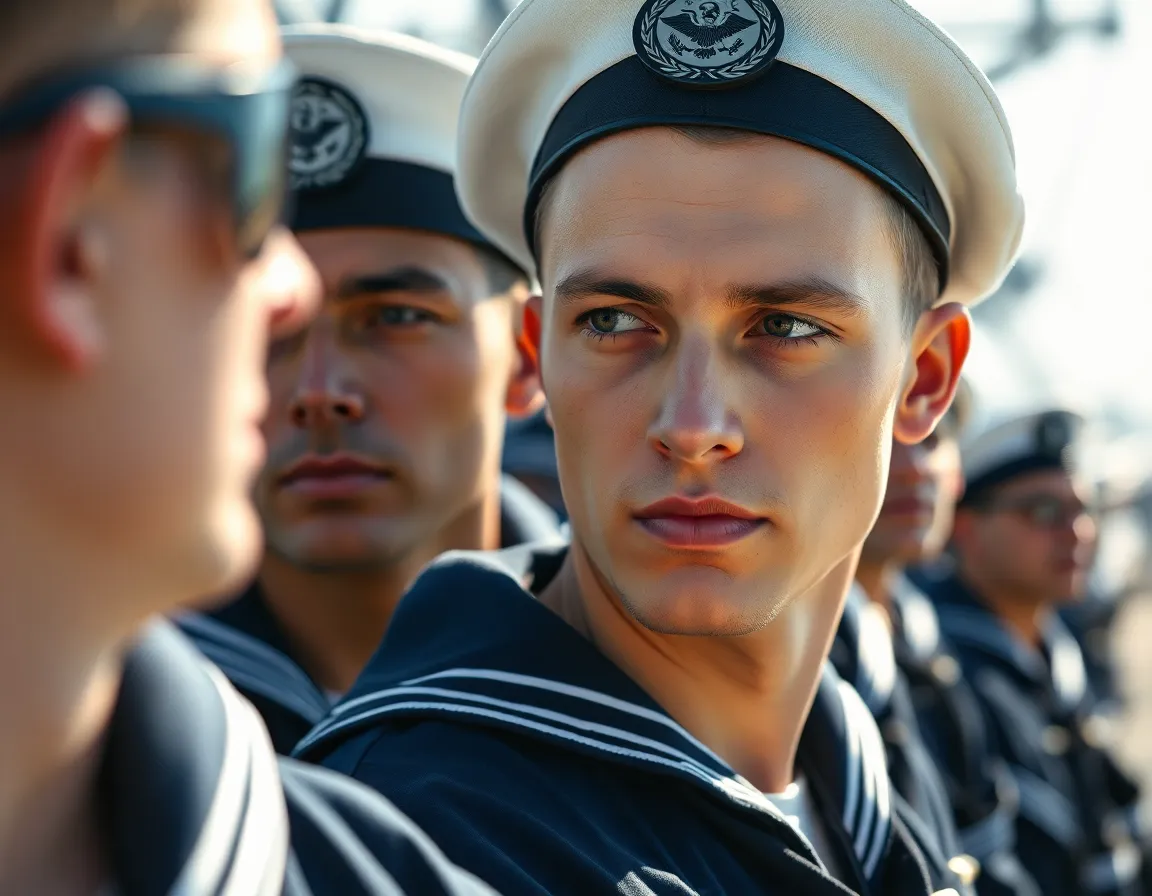 Sailors Preparing for Deployment This intimate close-up captures naval sailors in focused preparation for deployment, showcasing the intensity of their expressions in bright daylight. The blue and white uniforms contrast beautifully with natural skin tones, highlighting the dedication and teamwork present on deck. The soft bokeh effect creates a sense of depth while keeping the sailors sharp, emphasizing their determination and readiness. This image evokes a strong sense of pride and camaraderie, representative of the naval profession.