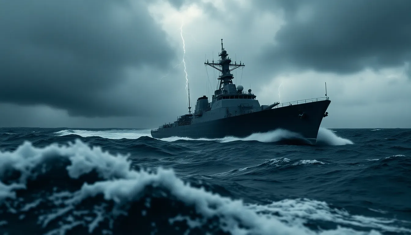 Destroyer Battling Stormy Seas An intense image of a naval destroyer navigating through turbulent waters during a fierce storm. Dark gray clouds loom overhead, and flashes of lightning create a dramatic backdrop, highlighting the ship's resilient structure. The sharp details in the churning waves and the metallic textures of the destroyer showcase the challenges faced by naval forces. This scene reflects the untamed power of nature and the strength of military engineering.