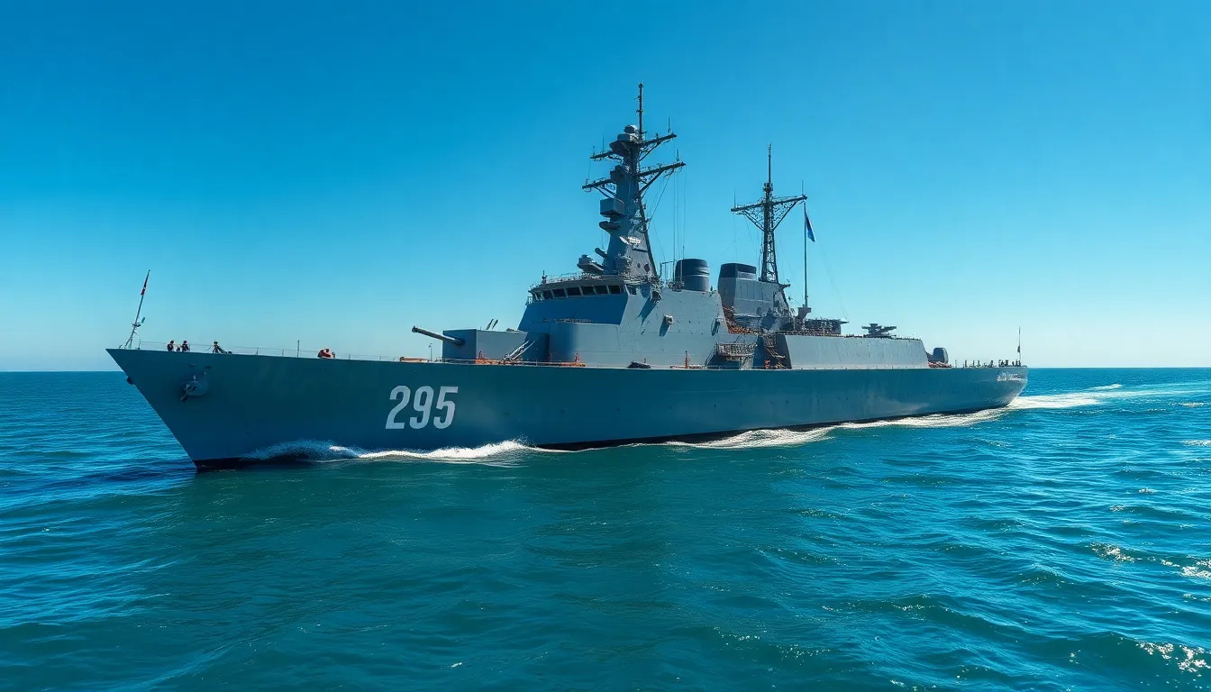 Naval Destroyer At Sea Under Blue Skies