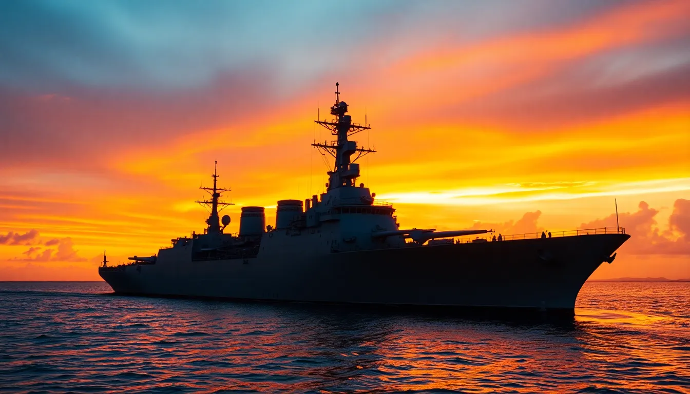 Battleship at Sunset A striking image of a navy battleship sailing against a backdrop of a brilliant sunset, filled with warm oranges and purples. The magical golden hour light draws attention to the contours of the ship, reflecting an aura of power and grace. The serene water captures hues of the sky, enhancing the peaceful yet commanding scene. The symmetrical composition reinforces the battleship's majesty at sea.