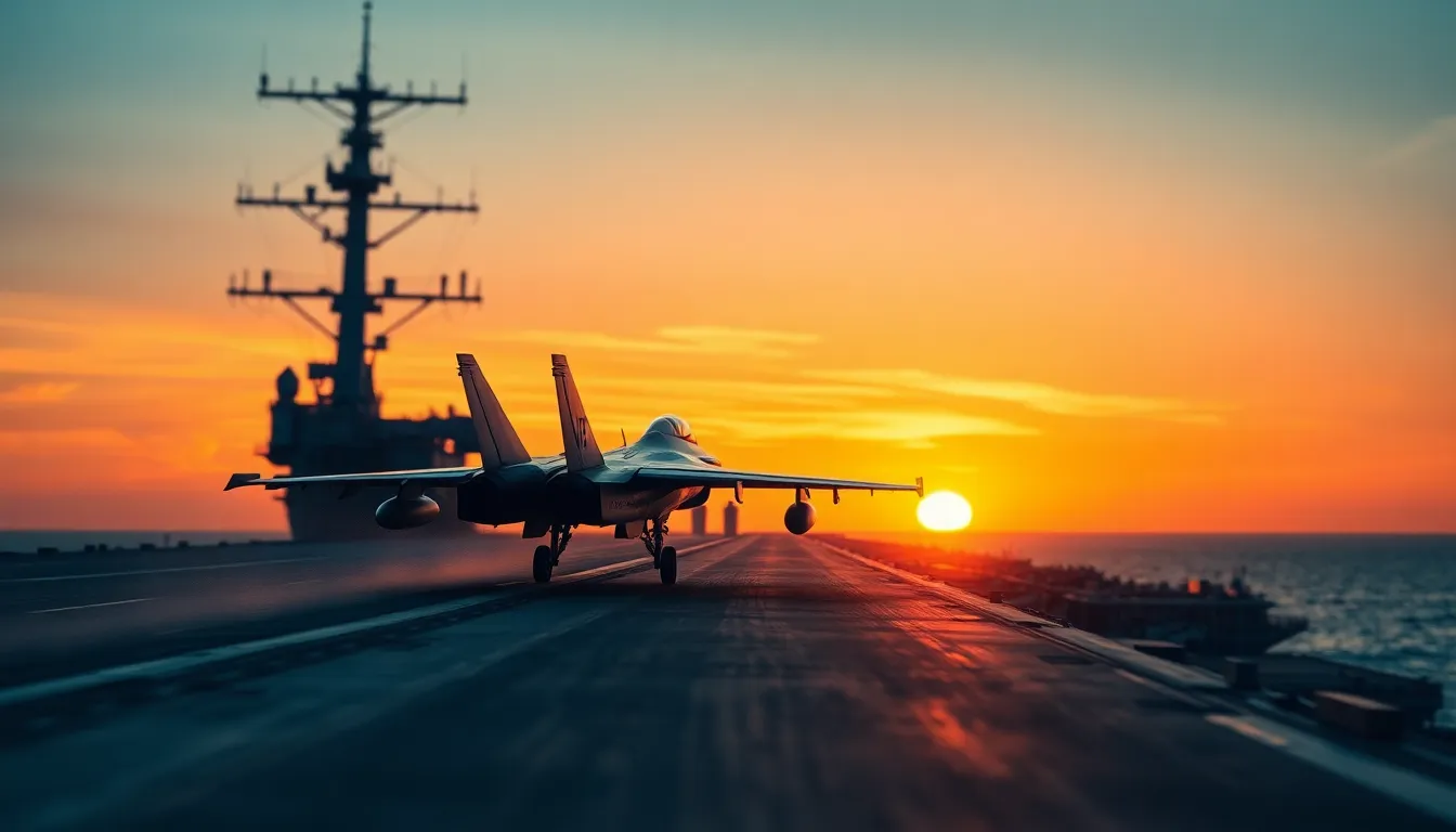 Aircraft Carrier Launching Jets At Sunset