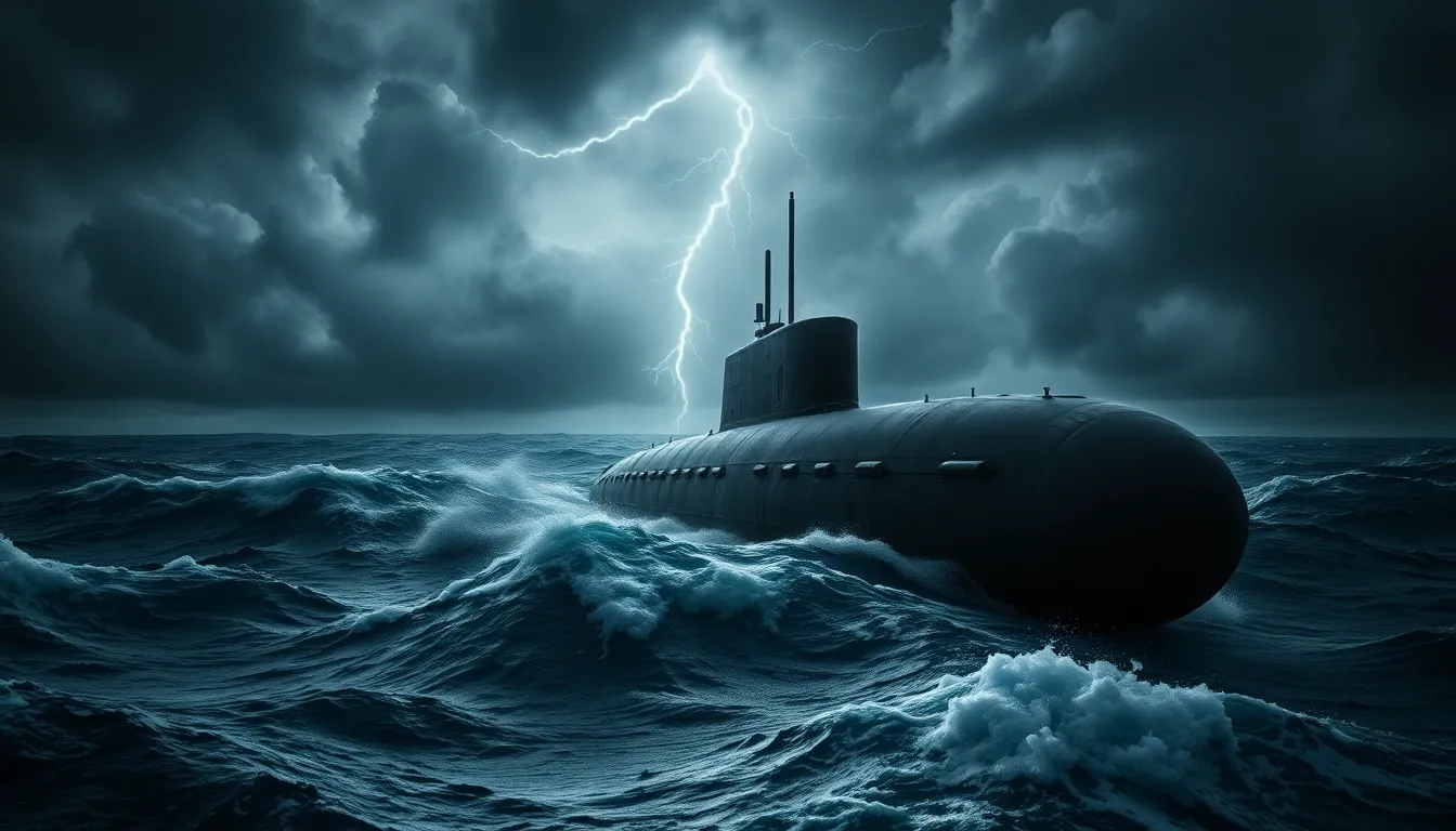 Submarine Rising From Dark Ocean Under Stormy Skies