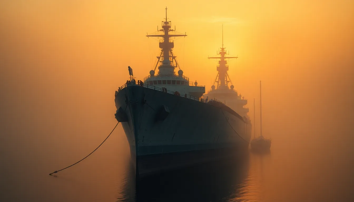 Vintage Battleship In Misty Dawn Harbor
