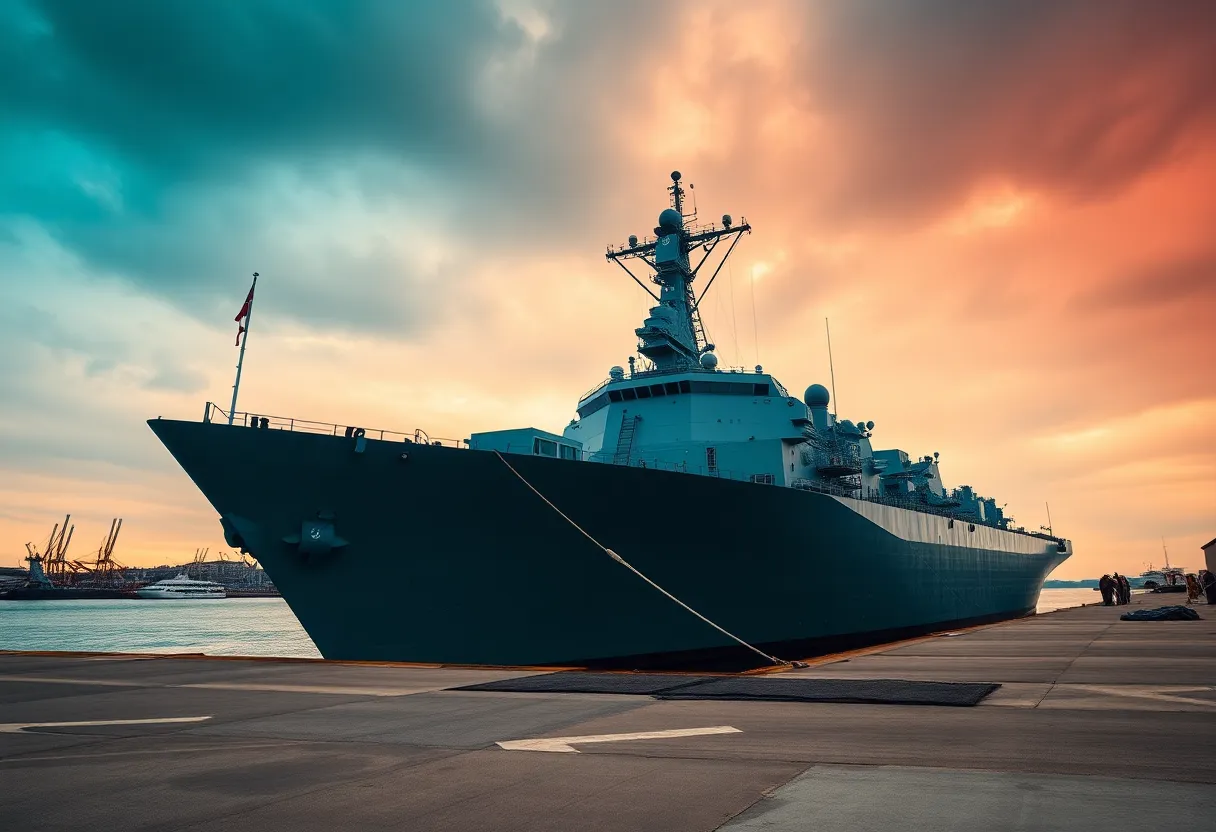 This striking image features a modern destroyer docked at a busy harbor under a dramatic overcast sky. The diffused daylight reveals the intricate details of the ship’s structure while the rich teal and orange colors add a cinematic feel to the scene. Leading lines from the harbor enhance the composition, drawing the viewer’s gaze toward this imposing naval vessel. The combination of textures between the harbor’s rough concrete and the ship's sleek metallic surface creates an engaging visual narrative.