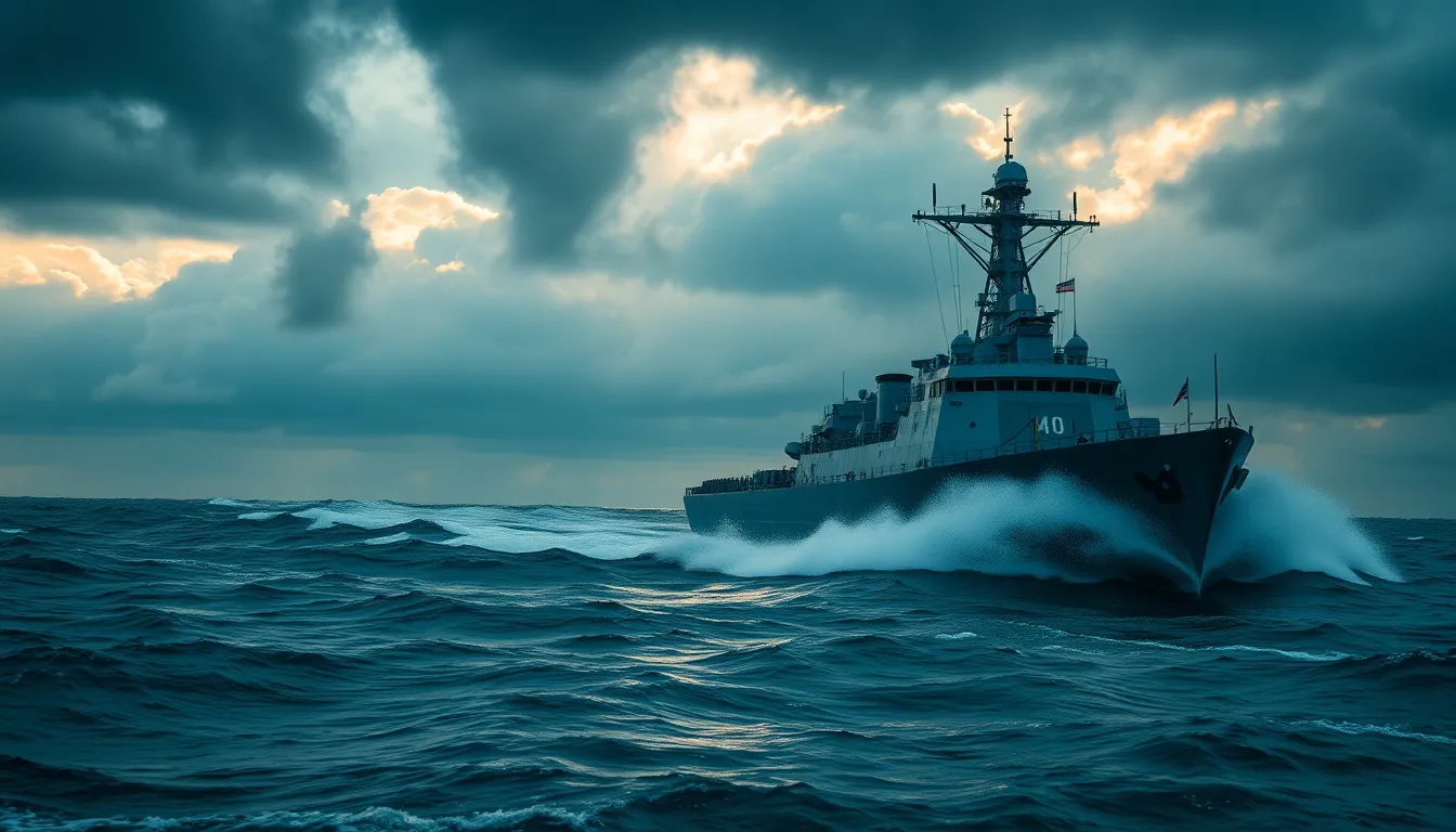 Dramatic Navy Destroyer in Stormy Waters