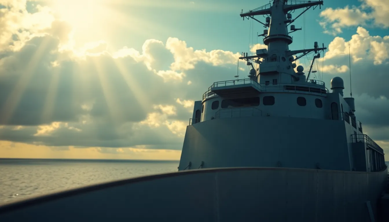 A magnificent warship stands proudly against a backdrop of vast blue skies, illuminated by beams of sunlight breaking through the clouds. The image captures sharp details of the ship’s bridge while the background softly fades into a bokeh of colors, emphasizing the vessel's grandeur. Saturated hues bring out the depth of blue in the sky and the mighty grey of the ship. This image is ideal for portraying strength and elegance in military themes.