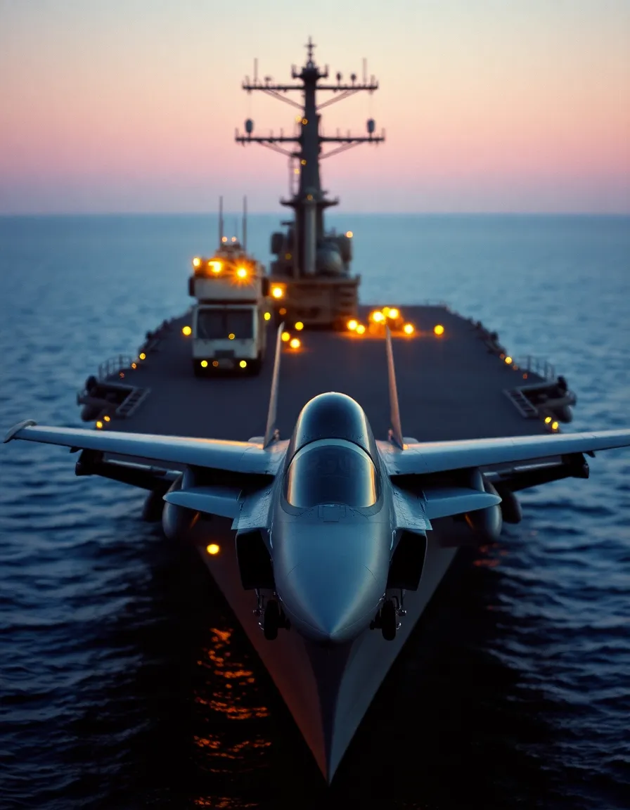 This stunning image showcases an aircraft carrier at twilight, illuminated by warm onboard lights creating a captivating atmosphere. The soft bokeh surrounding the water enhances the focus on crew members preparing for flight operations. Using a Kodak Portra 400 color palette, the scene exudes warmth and authenticity, with vibrant colors enriching the overall mood. The composition follows the rule of thirds, drawing attention to the carrier's imposing structure and symmetry.
