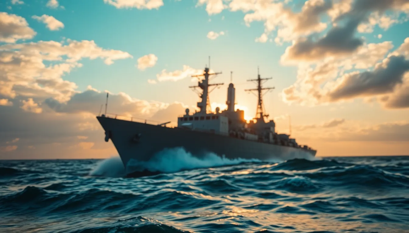 This dynamic shot features a warship slicing through the waves, captured during the golden hour. The dappled sunlight creates an ethereal ambiance, while the selective focus highlights the ship's powerful bow against a beautifully blurred background. The contrasting colors elevate the scene, portraying the vessel's majestic presence amid the swirling sea.