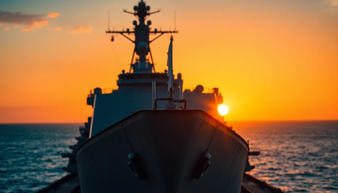 An impressive warship cuts through the calm waters during a stunning sunset, with warm golden and cool teal hues gracefully blending in the sky. The sleek vessel is captured in sharp focus, creating a striking contrast against the soft, blurred background. The shimmering surface of the water reflects the colors, enhancing the overall dramatic effect. This image evokes feelings of strength and tranquility, perfect for any military-themed project.