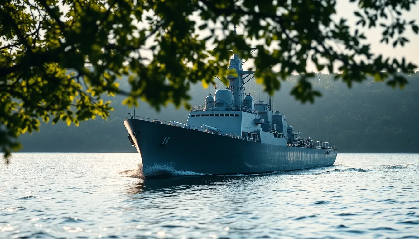 A formidable warship navigates through calm, lush waters, surrounded by greenery reflecting the serenity of nature. The sunlight creates dappled patterns on the water's surface while the gentle ripples add texture and movement to the scene. The ship is highlighted in crisp detail, contrasting against the soft bokeh from the foliage above. This image encapsulates the harmony between military prowess and the beauty of nature, ideal for environmental or defense-themed projects.