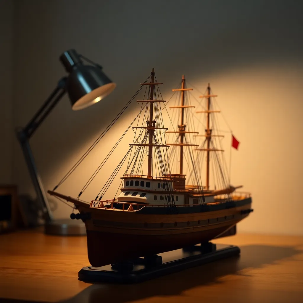 A beautifully crafted model of a warship sits gracefully under the warm glow of a tungsten lamp. The intricate details of the model are highlighted, revealing polished wooden surfaces and reflections of metal elements. This shot captures the essence of naval craftsmanship, pulling the viewer into a world where artistry meets functionality. The soft gradient background enhances the focus on the model, making it a captivating piece for collectors and enthusiasts.