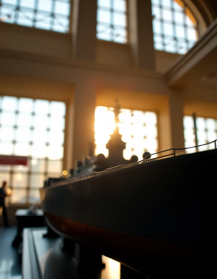 Vivid Display of a Warship in a Naval Museum This vibrant image showcases a model warship displayed in a naval museum, illuminated by warm daylight streaming through a large window. The dramatic light and shadow create an engaging atmosphere, while the selective focus emphasizes the intricate details of the model. The use of a Dutch angle adds a sense of excitement to the composition, and the saturated colors bring the ship to life, inviting viewers to appreciate its artistry and historical context.